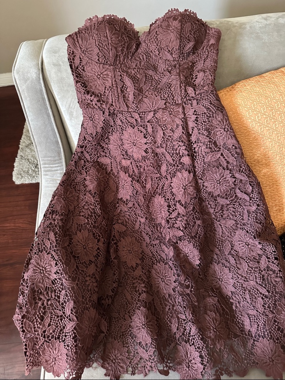Strapless Lace Fit & Flare Dress in Dusty brown